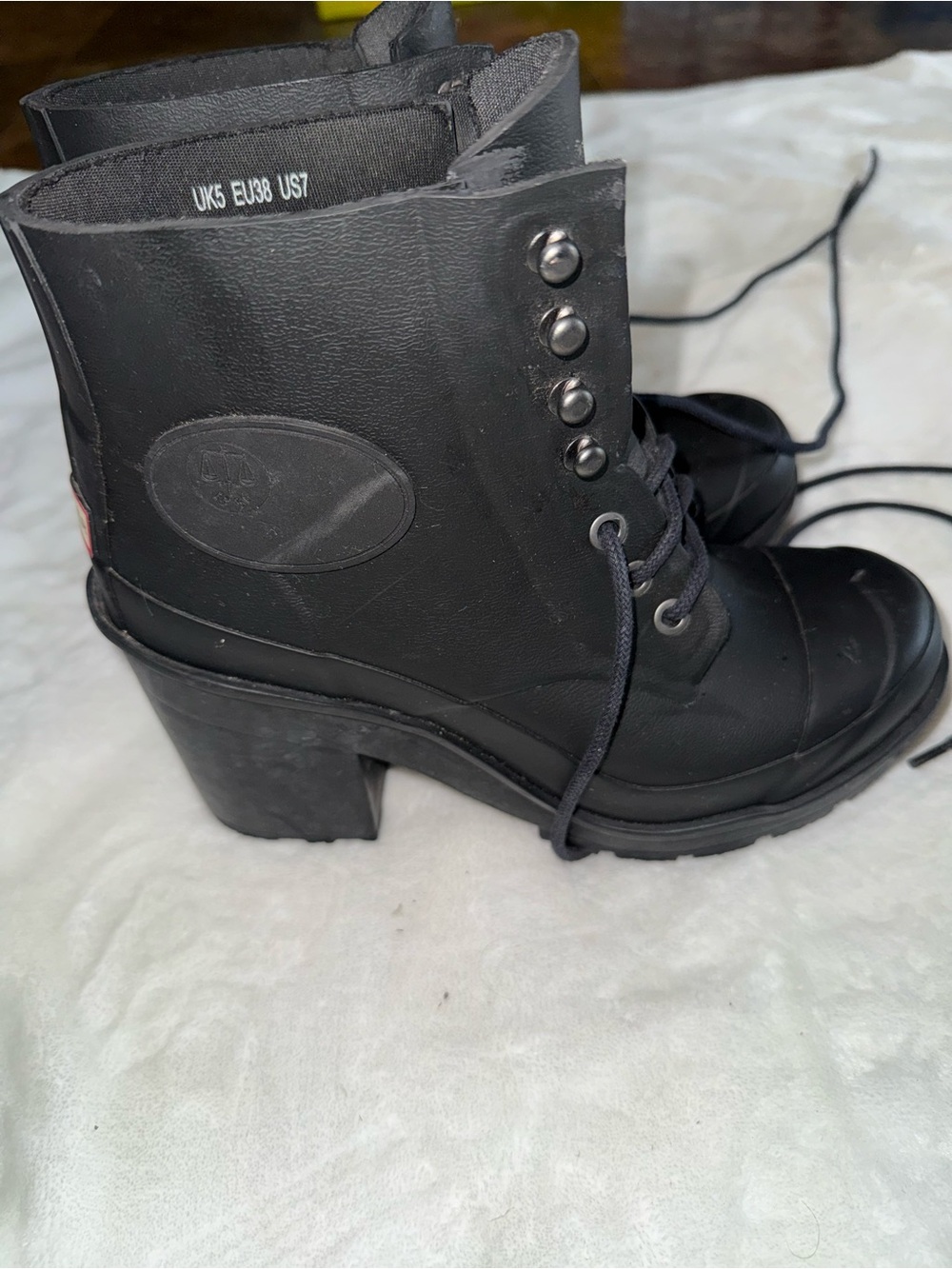 Hunter Black Lace-Up Block Heel Ankle Boots